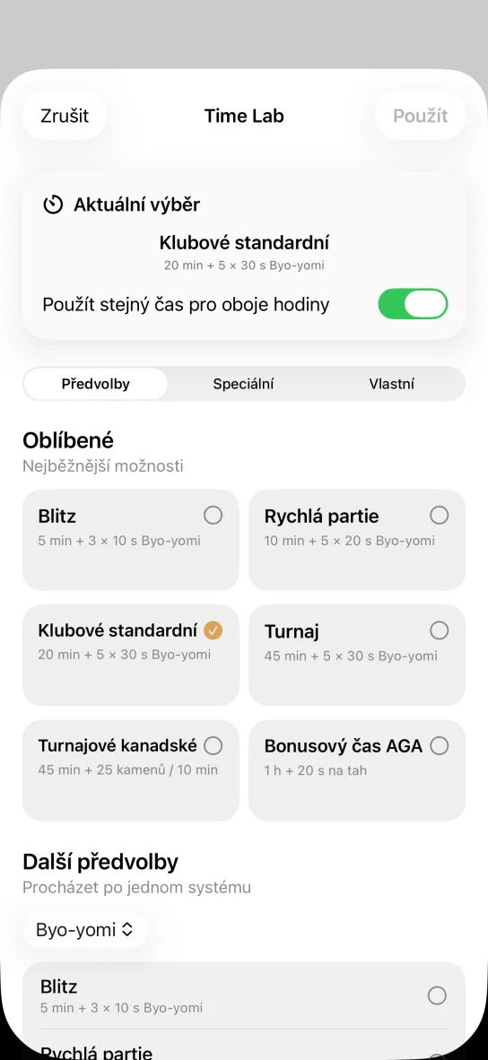 Obrazovka nastavení času v aplikaci: připravené systémy pro go — blitz 5 min + 3 × 10 s, klubový standard 20 min + 5 × 30 s, turnajové kanadské 45 min + 25 kamenů / 10 min a bonusový čas AGA 60 min + 20 s
