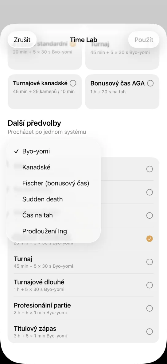 Otevřená nabídka časových systémů v aplikaci: Byo-yomi, Kanadské, Fischer (bonusový čas), Sudden death, Čas na tah a Prodloužení Ing, pod ní předvolby Turnaj, Turnajové dlouhé, Profesionální partie a Titulový zápas.