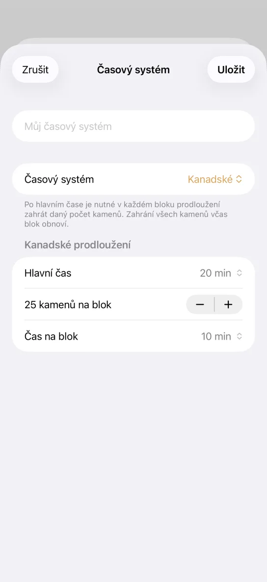 Editor vlastního časového systému v aplikaci: pole pro název, volba Kanadské a hodnoty Hlavní čas 20 min, 25 kamenů na blok a Čas na blok 10 min.