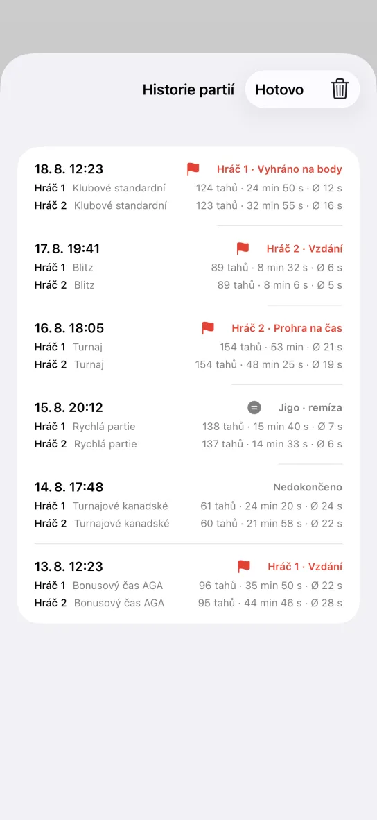 Historie partií v aplikaci: seznam dohraných partií s datem, časovým systémem, počtem tahů, celkovým časem a průměrem na tah, s výsledky jako Vyhráno na body, Vzdání, Prohra na čas, Jigo a Nedokončeno.