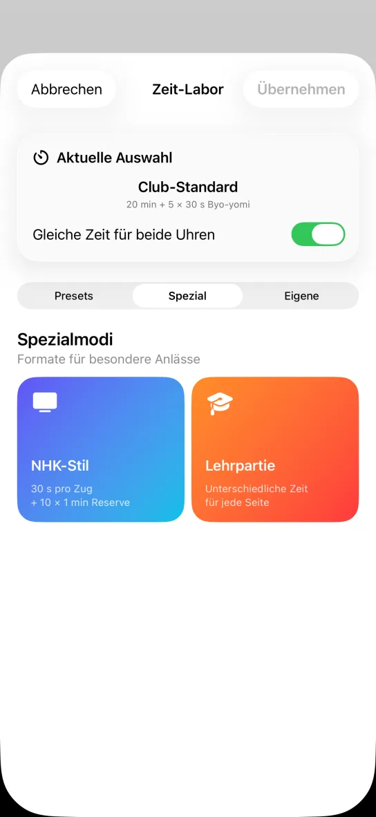 Der Reiter Spezialmodi der App mit zwei Karten: NHK-Stil mit 30 s pro Zug plus 10 mal 1 min Reserve und Lehrpartie mit unterschiedlicher Zeit für jede Seite