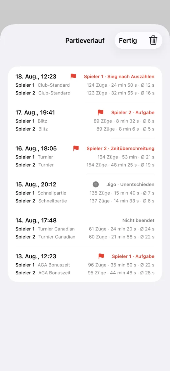 Der Partieverlauf der App: eine Liste beendeter Partien mit Datum, Zeitsystem, Zügen, Gesamtzeit und Durchschnitt pro Zug, dazu Ergebnisse wie Sieg nach Auszählen, Aufgabe, Zeitüberschreitung und Jigo