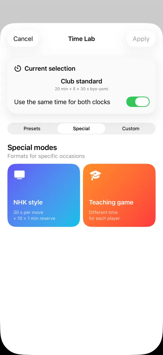 The Special modes tab of the app, headed Formats for specific occasions, with two cards: NHK style at 30 s per move plus 10 times 1 min reserve, and Teaching game with a different time for each player.