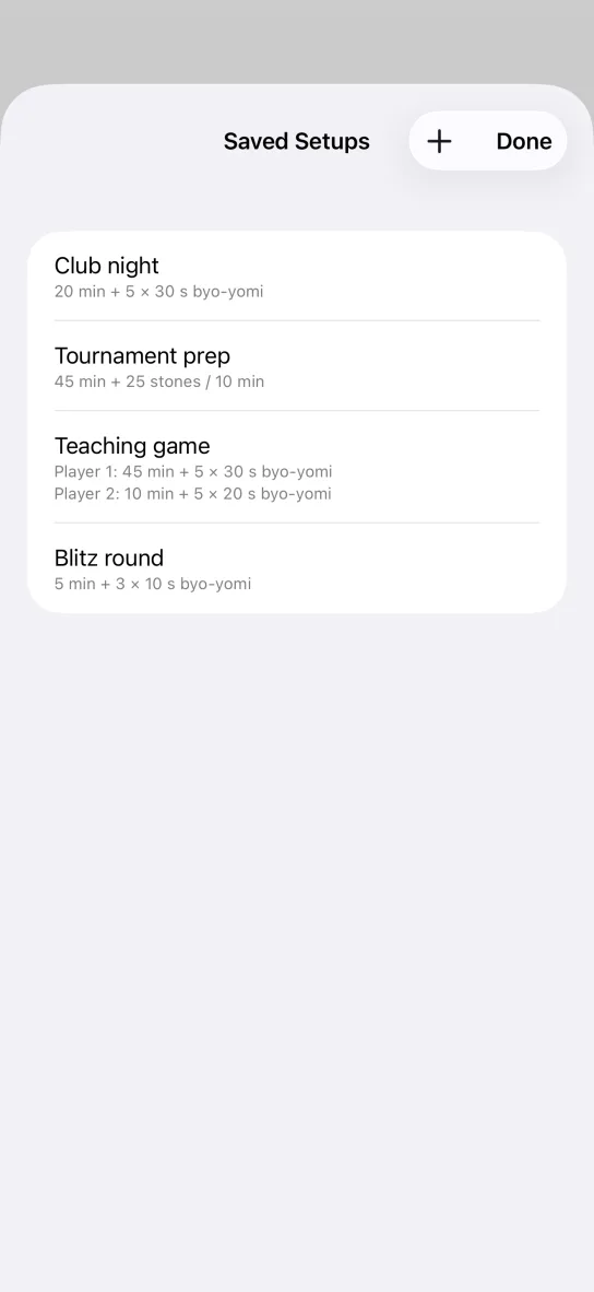 The Saved Setups list in the app: Club night, Tournament prep, Teaching game with separate times for Player 1 and Player 2, and Blitz round, each with its time control underneath.