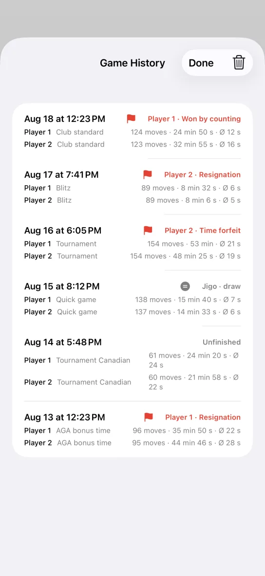 The Game History screen of the app: finished games dated Aug 13 to Aug 18 with each player's preset, move count, total time and average per move, and outcomes such as Won by counting, Resignation and Time forfeit.