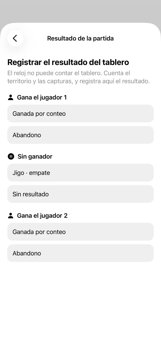 Pantalla Resultado de la partida con el aviso de que el reloj no puede contar el tablero y las opciones Ganada por conteo, Abandono, Jigo empate y Sin resultado para cada jugador.
