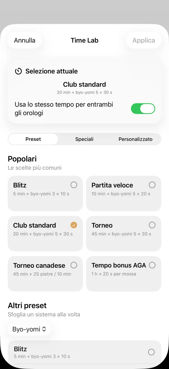 La schermata dei sistemi di tempo dell'app: impostazioni da Go come Blitz 5 min + 3 × 10 s, Standard da circolo 20 min + 5 × 30 s, Torneo canadese 45 min + 25 pietre / 10 min e Bonus AGA 60 min + 20 s