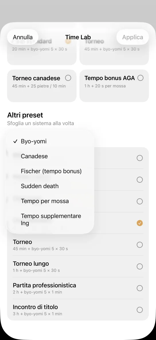 Menu a tendina aperto nell'app con i sistemi Byo-yomi, Canadese, Fischer (tempo bonus), Sudden death, Tempo per mossa e Tempo supplementare Ing, sotto i preset Torneo, Torneo lungo, Partita professionistica e Incontro di titolo.