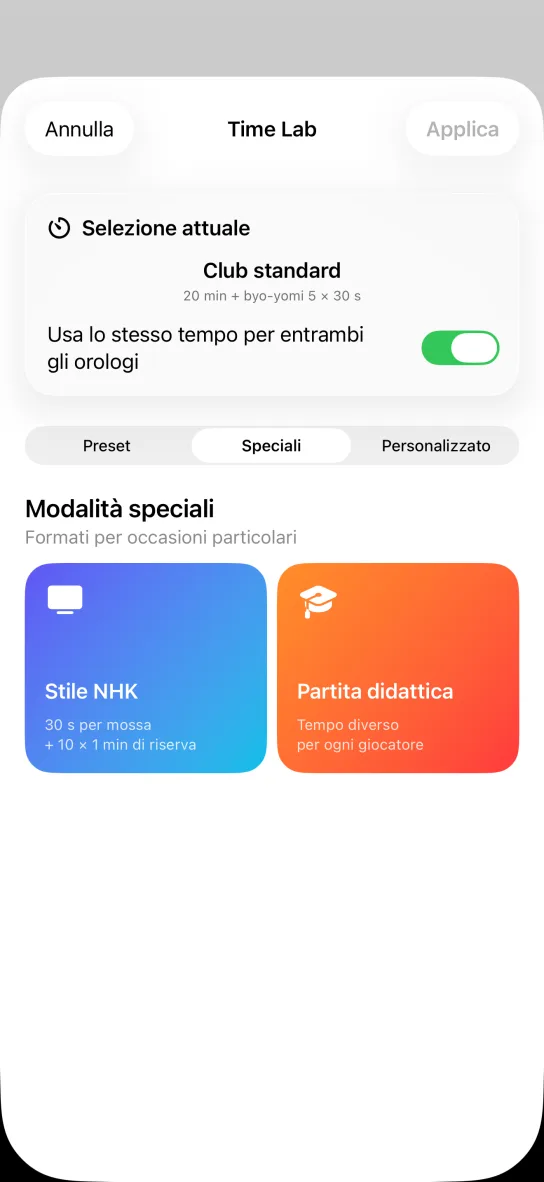 Il tab Modalità speciali dell'app, presentato come formati per occasioni particolari, con due carte colorate: Stile NHK con 30 s per mossa e 10 × 1 min di riserva, e Partita didattica con tempo diverso per ogni giocatore.