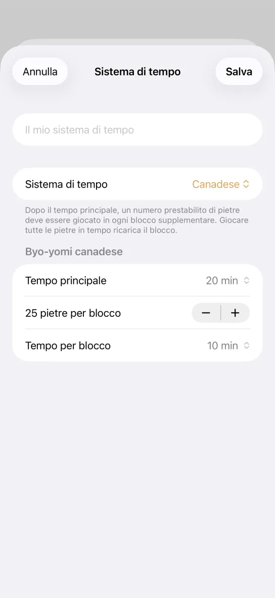 L'editor di un sistema di tempo personale nell'app: campo per il nome, sistema impostato su Canadese e i campi Tempo principale 20 min, 25 pietre per blocco e Tempo per blocco 10 min.