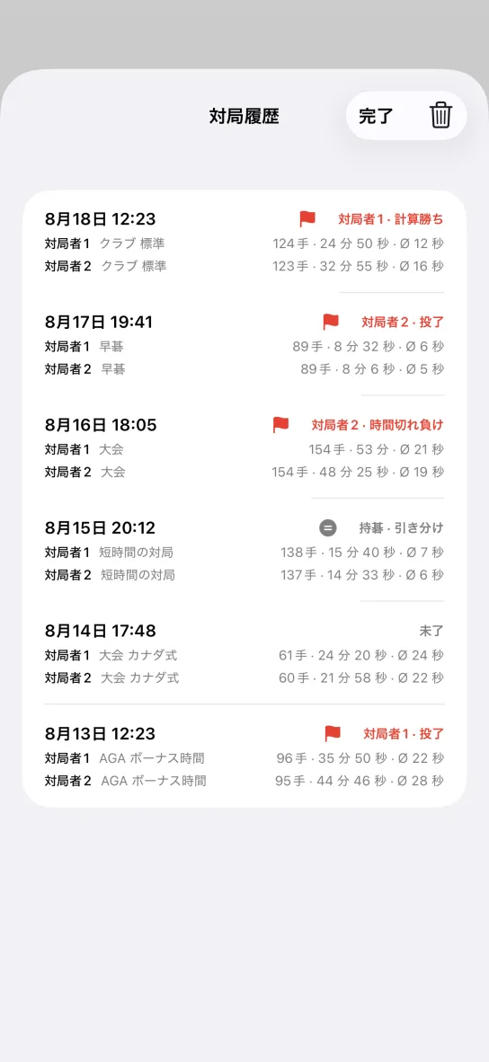 アプリの対局履歴。日付と方式ごとに、対局者 1 と対局者 2 の手数・合計時間・1 手平均、および計算勝ち、投了、時間切れ負け、持碁 · 引き分け、未了の結果が並ぶ一覧。