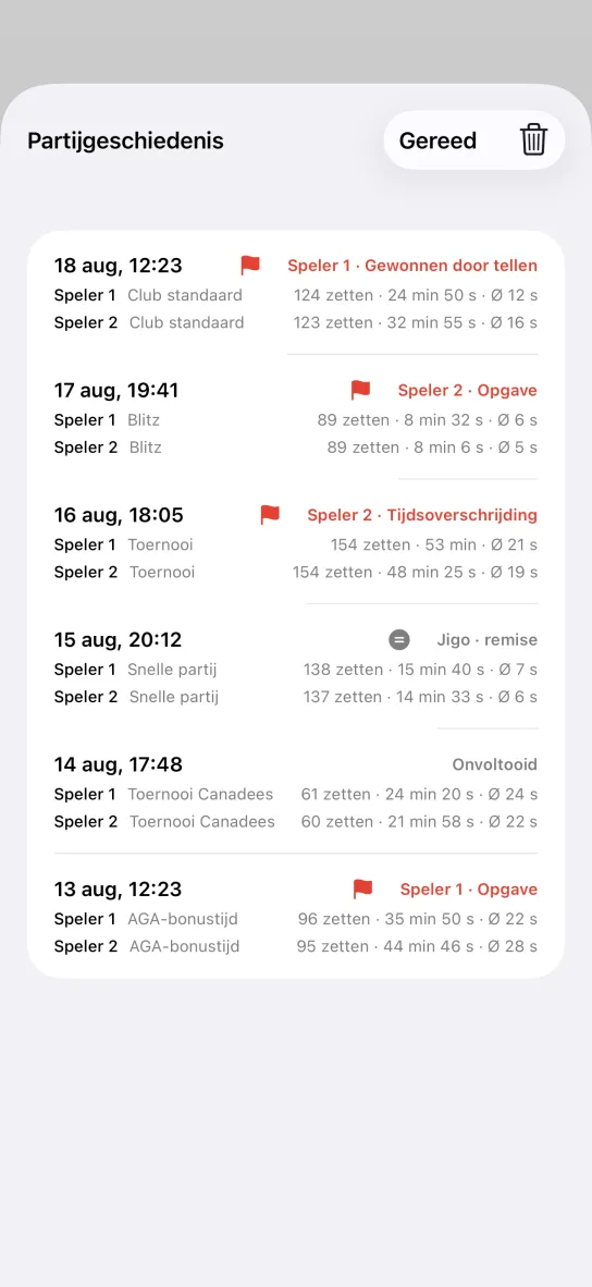 De partijgeschiedenis in de app: een lijst afgeronde partijen met datum, tijdsysteem, aantal zetten, totale tijd en gemiddelde per zet, met uitslagen als Gewonnen door tellen, Opgave, Tijdsoverschrijding en Jigo.