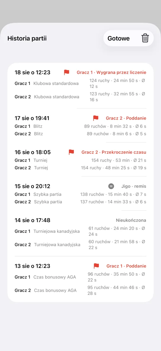 Historia partii w aplikacji: lista partii z datą, systemem czasu obu graczy, liczbą ruchów, łącznym czasem i średnią na ruch, z wynikami Wygrana przez liczenie, Poddanie, Przekroczenie czasu, Jigo i Nieukończona.