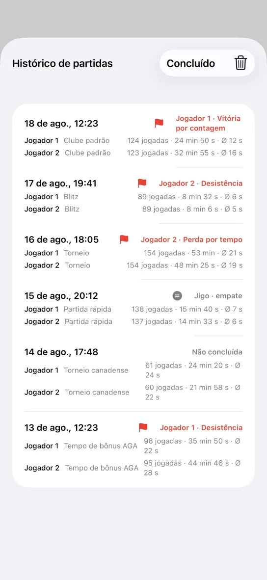 A tela Histórico de partidas do app, com uma lista de partidas mostrando data e hora, o sistema de tempo de cada jogador, jogadas, tempo total, média por jogada e o resultado destacado em vermelho.