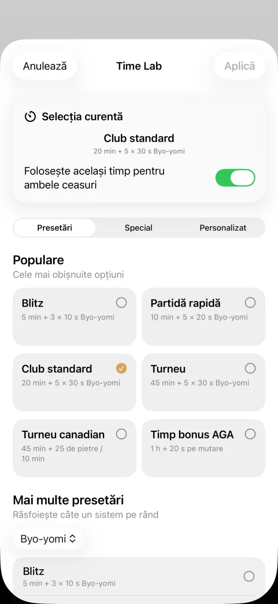 Ecranul de setare a timpului din aplicație: presetări pentru go — blitz 5 min + 3 × 10 s, standard de club 20 min + 5 × 30 s, turneu canadian 45 min + 25 de pietre / 10 min și timp bonus AGA 60 min + 20 s