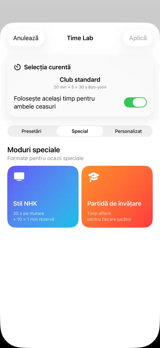 Fila Moduri speciale a aplicației cu două carduri colorate: Stil NHK, 30 s pe mutare plus 10 × 1 min rezervă, și Partidă de învățare, cu timp diferit pentru fiecare jucător.