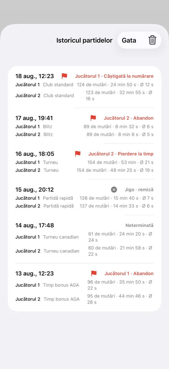 Istoricul partidelor din aplicație: listă de partide încheiate cu data, sistemul de timp, numărul de mutări, timpul total și media pe mutare, alături de rezultate ca Câștigată la numărare, Abandon și Pierdere la timp.