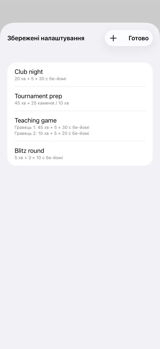 Список збережених налаштувань: Club night, Tournament prep, Teaching game з окремими часами для Гравця 1 і Гравця 2 та Blitz round; угорі кнопка додавання і кнопка «Готово».