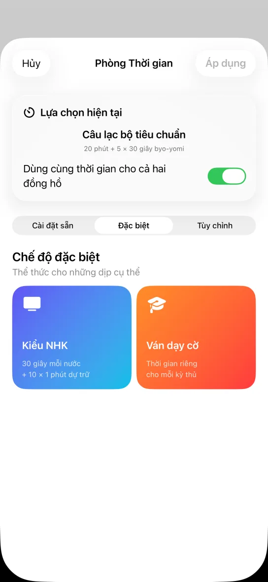Tab Chế độ đặc biệt với hai thẻ màu: Kiểu NHK, 30 giây mỗi nước cộng 10 × 1 phút dự trữ, và Ván dạy cờ, thời gian riêng cho mỗi kỳ thủ.