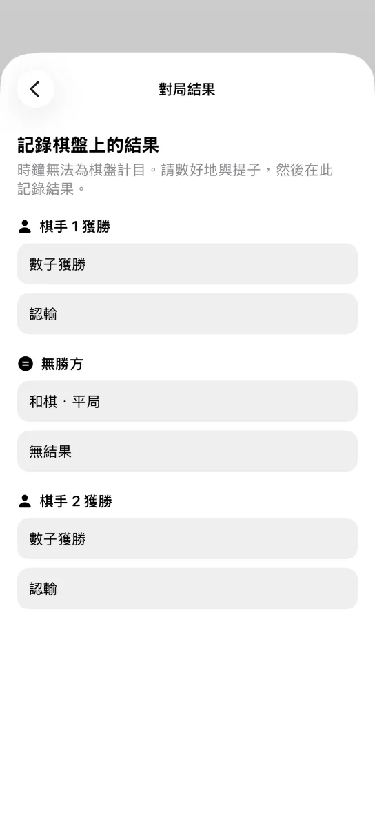 應用程式的對局結果畫面，上方說明時鐘無法為棋盤計目，下方分成棋手 1 獲勝、無勝方與棋手 2 獲勝三組，選項包含數子獲勝、認輸、和棋・平局與無結果。